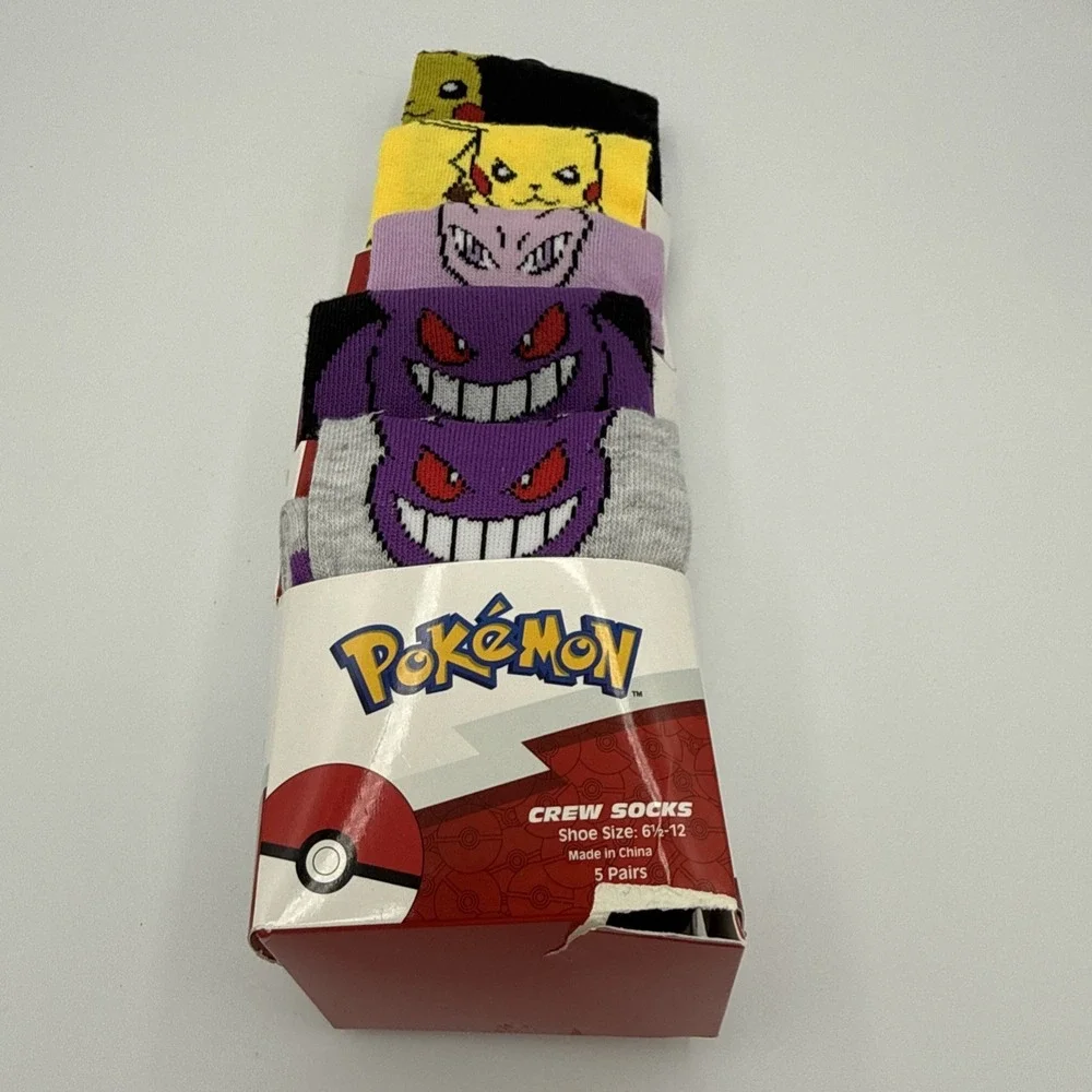 Brand New Pokémon Striped Crew Socks 5 Pack Sz 6.5-12 Pikachu Mewtwo Gengar